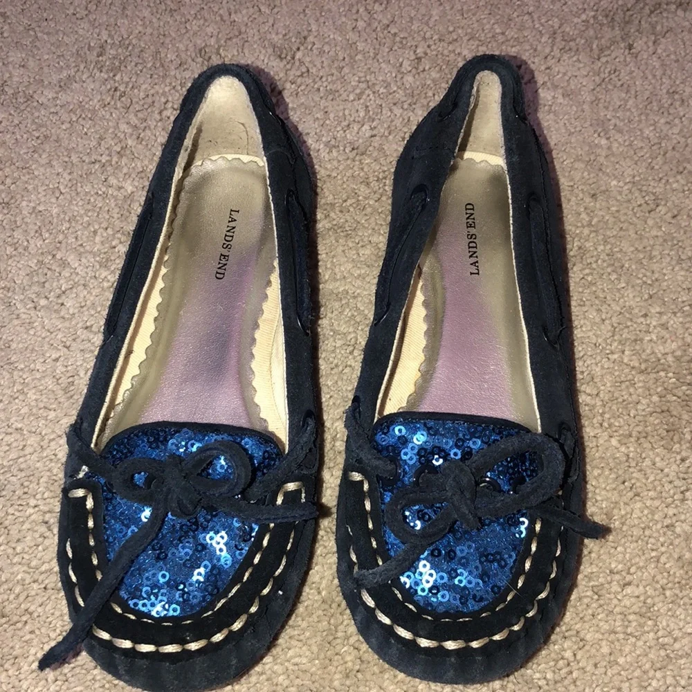 Lands End Holiday Girls toddlers size 11 Sequins Suede Loafers Navy‎ Blue